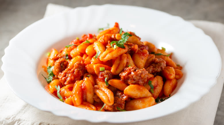 Cavatelli in red sauce bowl