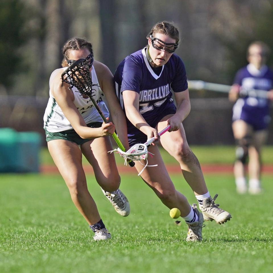 Burrillville's Emilia Ferraro scored four goals, including the 100th of her high school career, as she led the Broncos past Smithfield, 13-6, on Tuesday.