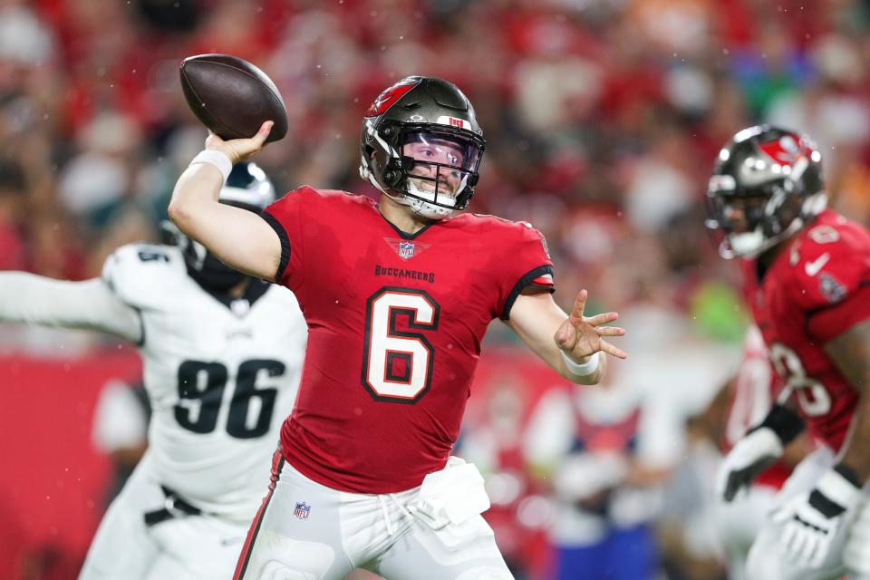 Sep 25, 2023; Tampa, Florida, USA; Tampa Bay Buccaneers quarterback <a class="link " href="https://sports.yahoo.com/nfl/players/30971/" data-i13n="sec:content-canvas;subsec:anchor_text;elm:context_link" data-ylk="slk:Baker Mayfield;sec:content-canvas;subsec:anchor_text;elm:context_link;itc:0">Baker Mayfield</a> (6) drops back too pass against the Philadelphia Eagles in the second quarter at Raymond James Stadium. Mandatory Credit: Nathan Ray Seebeck-USA TODAY Sports