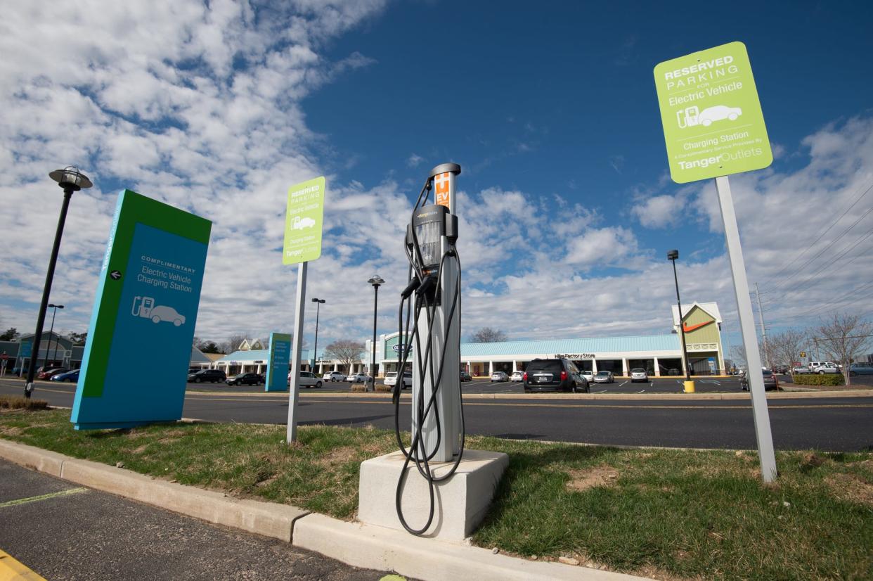 Electric vehicle charging station at Tanger Outlets Bayside location in Rehoboth Beach.