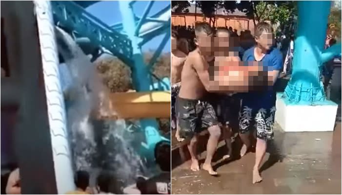 印尼滑水道發生恐怖意外。（合成圖／翻攝自「DAUN Channel」Youtube、「GreSik ANGKRUK'an」Facebook）