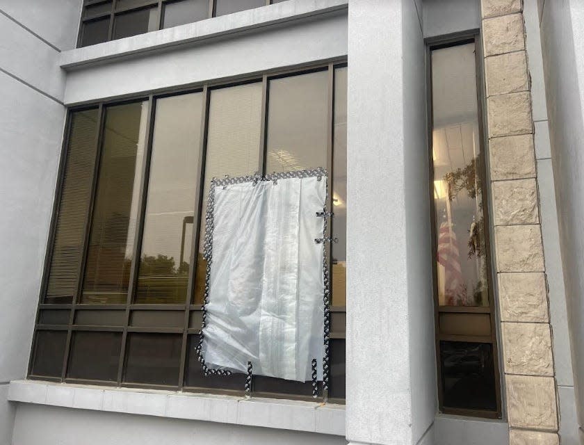 Gainesville Mayor Harvey Ward's damaged office window at City Hall, shown on Wednesday, March 27, 2024.
