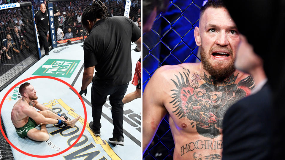 Conor McGregor, pictured here after injuring his leg at UFC 264.