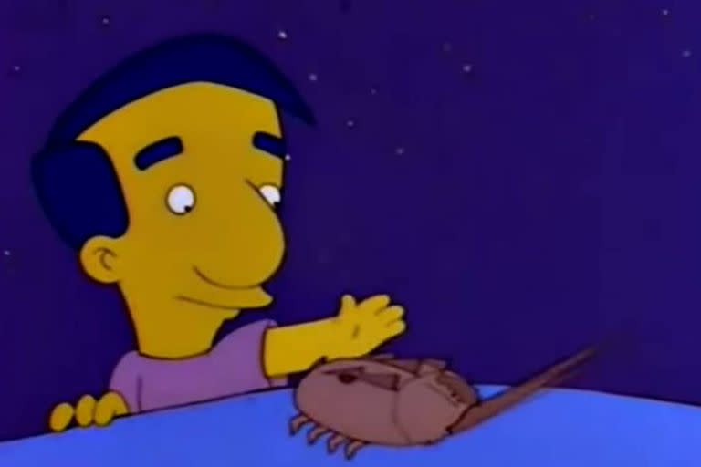 Milhouse, sin anteojos, acaricia a un ejemplar de cangrejo herradura al que confunde con un perro en un capítulo de Los Simpson