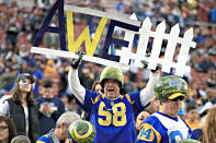 <p>A Los Angeles Rams fan attends the NFC Wild Card Playoff Game between the Los Angeles Rams and Atlanta Falcons at the Los Angeles Coliseum on January 6, 2018 in Los Angeles, California. (Photo by Sean M. Haffey/Getty Images) </p>