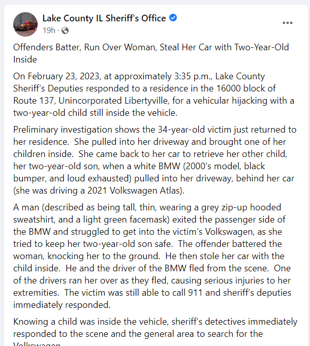 A statement by Illinois' Lake County Sheriff's Office.