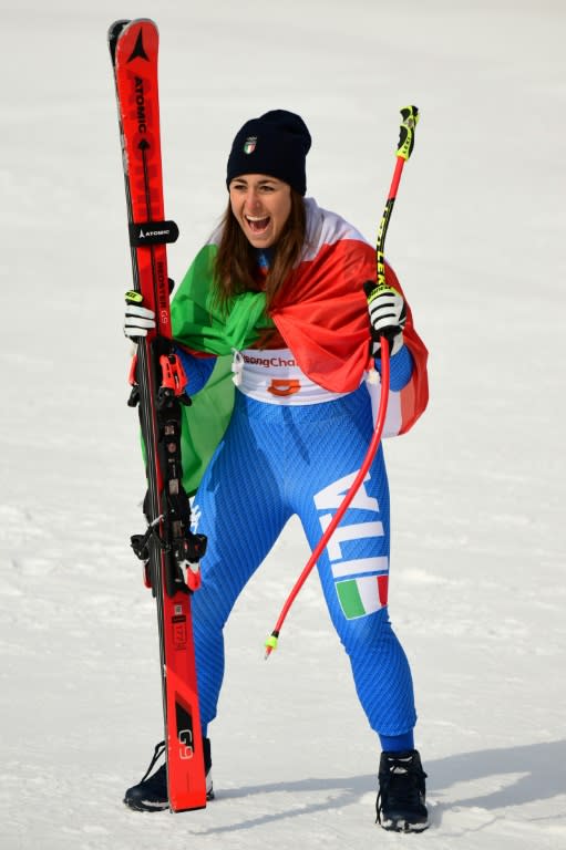 Italy's Sofia Goggia, celebrates after winning the women's downhill at the Pyeongchang 2018 Winter Olympic Games on Wednesday