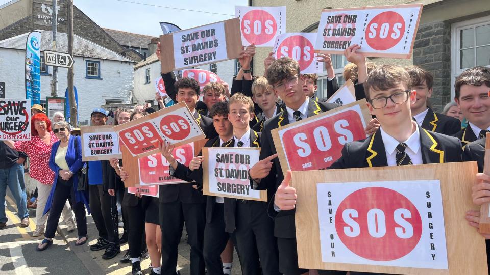GP surgery protest by pupils from St Davids