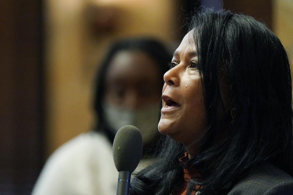 Rep. Debra Gibbs, D-Jackson, asks a question of Rep. Joey Hood, R-Ackerman, unseen, at the Mississippi Capitol in Jackson, Thursday, March 3, 2022, during his presentation of legislation that that would limit how race can be taught in schools and universities. Black lawmakers raised concerns that if the bill becomes law, it would stifle honest lessons about racism. Hood explained the bill said repeatedly that it would not prevent the teaching of history but would only prevent teaching that any person is superior or inferior because of race, sex or national origin. (AP Photo/Rogelio V. Solis)