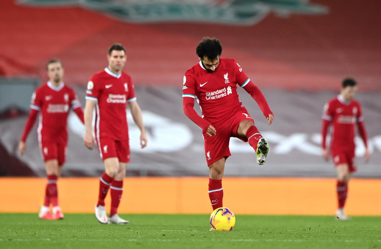 Liverpool's Mohamed Salah reacts during the Premier League match at Anfield, Liverpool. Picture date: Sunday February 7, 2021. (Photo by Laurence Griffiths/PA Images via Getty Images)