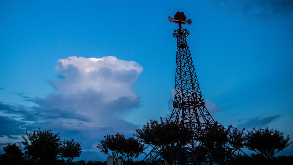 Eiffel Tower landmark in the city of Paris, Texas. The tower was constructed in 1993 and is a model of the French one but with a red western hat on top of it.