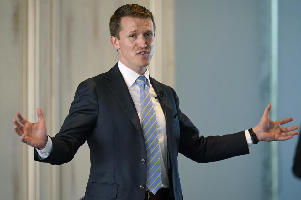 FILE - Luke Holland speaks during a candidate's forum for U.S. Senate Republican candidates May 11, 2022, in Oklahoma City. Holland is vying to be the Senate Republican candidate to replace retiring Sen. Jim Inhofe in the Republican primary on Tuesday, June 28. (AP Photo/Sue Ogrocki, File)