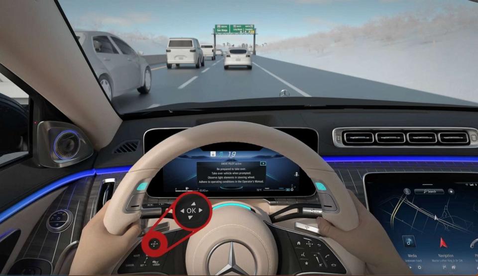 PHOTO: Users of Mercedes-Benz's Drive Pilot program are required to watch a video on how to use the automated driving technology before it can be engaged. (Mercedes-Benz)