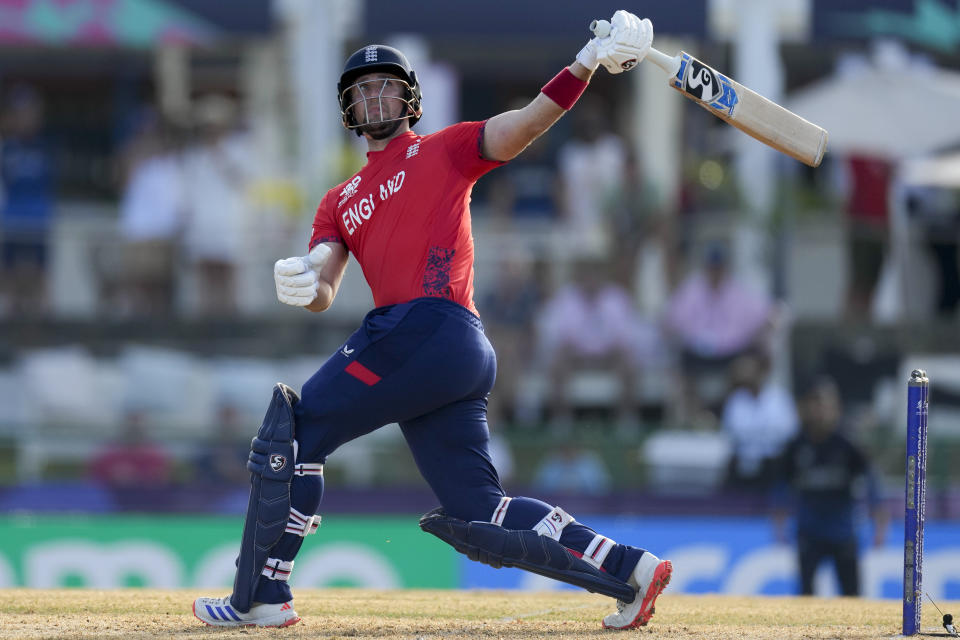 England's Liam Livingstone hits a six against Namibia during an ICC Men's T20 World Cup cricket match at Siv Vivian Richards Stadium in North Sound, Antigua and Barbuda, Saturday, June 15, 2024. (AP Photo/Ricardo Mazalan)