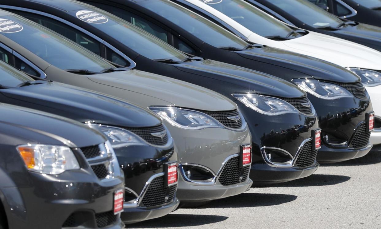 <span>Cars in an auto-dealer lot in unincorporated St Louis County, Missouri, on 15 April 2020.</span><span>Photograph: Jeff Roberson/AP</span>