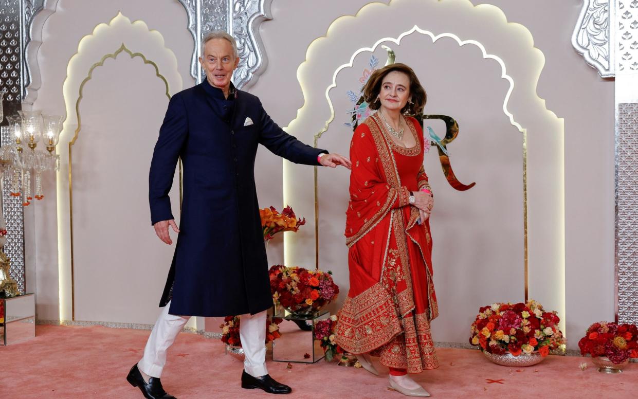 Sir Tony Blair and his wife Cherie arrive for the wedding of Anant Ambani and Radhika Merchant in Mumbai