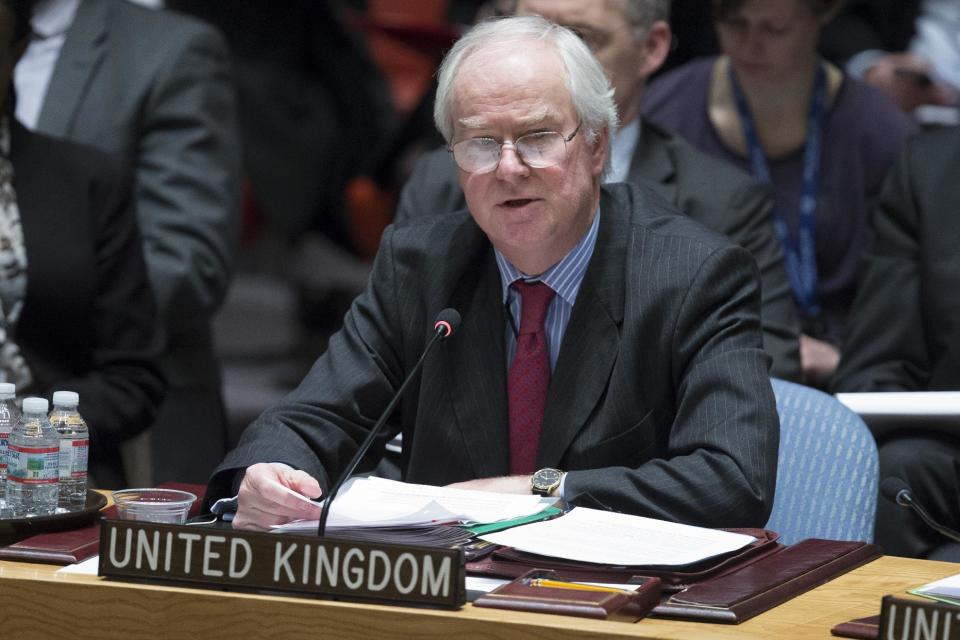 United Kingdom U.N. Ambassador Mark Lyall Grant speaks during an U.N. Security Council meeting on the Ukraine crisis, Thursday, March 13, 2014, at United Nations headquarters. (AP Photo/John Minchillo)