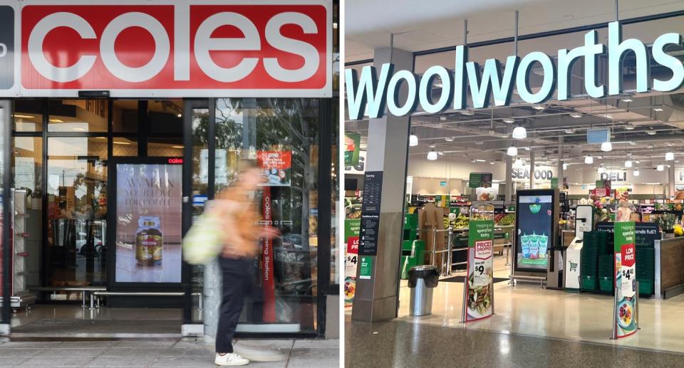 A Coles shopfront is pictured left, and right shows the front of a Woolworths store.