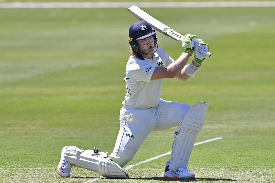 Will Pucovski bats for Victoria state during a Marsh Sheffield Shield cricket match between the Victoria Bushrangers and the Western Australia Western Warriors in Adelaide, Australia, Sunday, Nov. 8, 2020. Consecutive double centuries have earned Pucovski a spot in an expanded Australian test squad that also includes struggling incumbent opener Joe Burns for the four-test series against India. (Dean Lewins/AAP Image via AP)