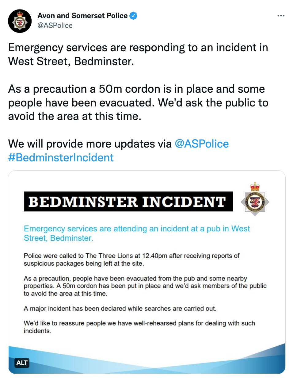 Police issued updates via Twitter throughout Sunday afternoon. (Twitter/Avon & Somerset Police)