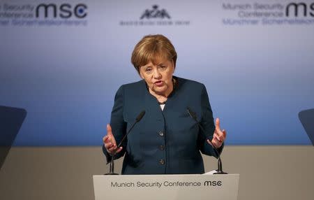 German Chancellor Angela Merkel delivers her speech during the 53rd Munich Security Conference in Munich, Germany, February 18, 2017. REUTERS/Michael Dalder