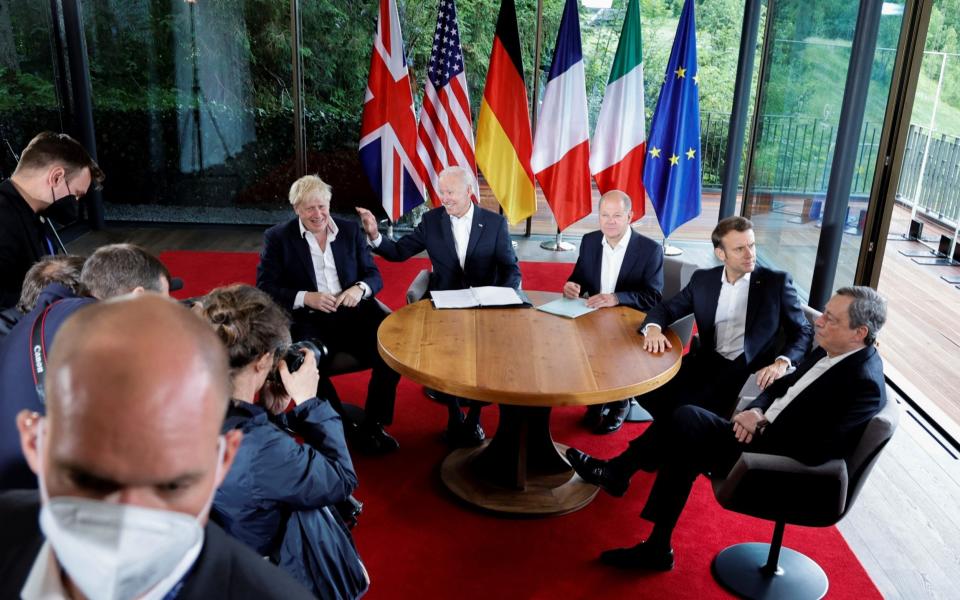 US President Joe Biden meets with German Chancellor Olaf Scholz, French President Emmanuel Macron, Italian Prime Minister Mario Draghi and British Prime Minister Boris Johnson at the G7 leaders summit at Bavaria's Schloss Elmau, near Garmisch-Partenkirchen, Germany - Jonathan Ernst/Reuters