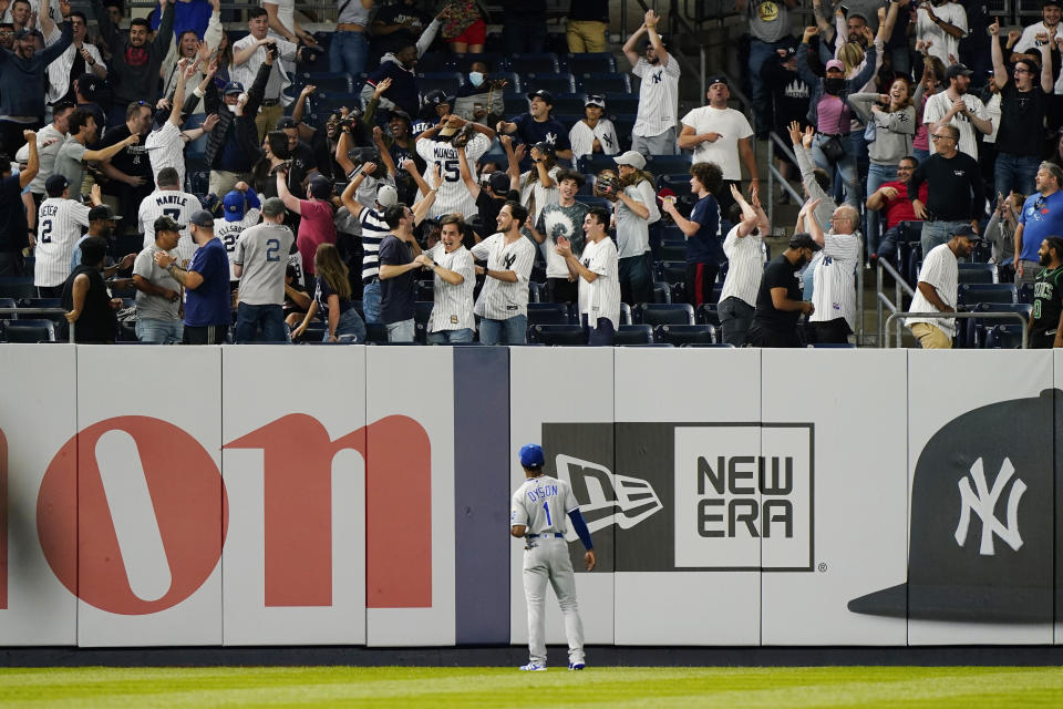 Kansas City Royals center fielder Jarrod Dyson (1) watches as a fan holds the ball up after catching a game-tying, solo home run by New York Yankees Gary Sanchez during the ninth inning of a baseball game, Wednesday, June 23, 2021, at Yankee Stadium in New York. (AP Photo/Kathy Willens)