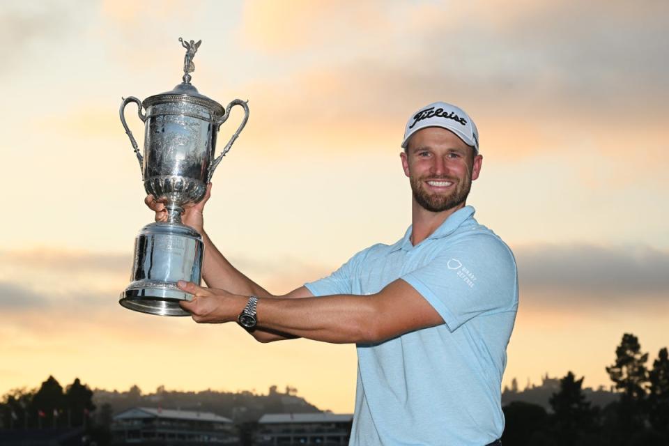 First-time winner: Wyndham Clark lifts the US Open trophy at Los Angeles Country Club (Getty Images)