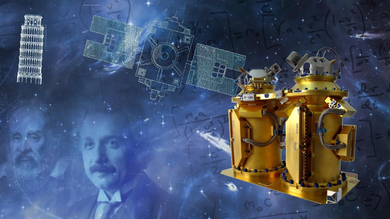  collage shows einstein, galileo, the microscope satellite and experiment, and the leaning tower of pisa 