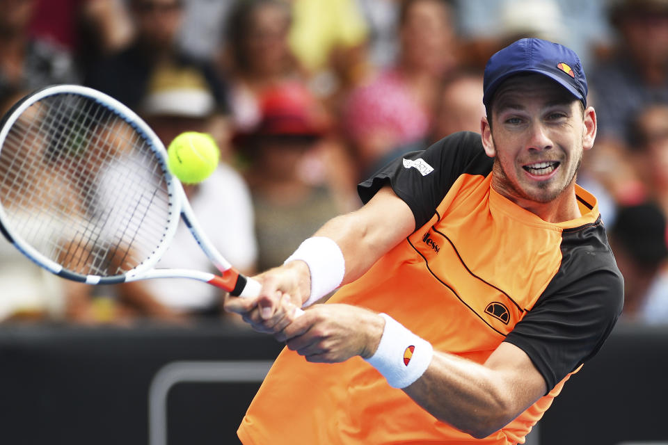 Cameron Norries of Britain plays a shot to Jan-Lennard Struff of Germany during the semifinal of the ASB Classic Mens tennis tournament in Auckland, New Zealand, Friday, Jan 11, 2019. (AP Photo/Chris Symes)