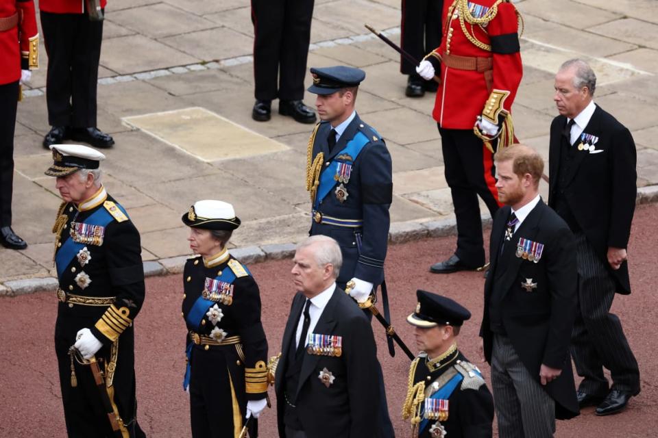 <div class="inline-image__caption"><p>Britain's King Charles, Britain's Anne, Princess Royal, Prince Andrew, Duke of York, Prince Edward, Earl of Wessex, Britain's William, Prince of Wales, and Britain's <span class="caas-xray-inline-tooltip"><span class="caas-xray-inline caas-xray-entity caas-xray-pill rapid-nonanchor-lt" data-entity-id="Prince_Harry,_Duke_of_Sussex" data-ylk="cid:Prince_Harry,_Duke_of_Sussex;pos:4;elmt:wiki;sec:pill-inline-entity;elm:pill-inline-text;itc:1;cat:Royalty;" tabindex="0" aria-haspopup="dialog"><a href="https://search.yahoo.com/search?p=Prince%20Harry,%20Duke%20of%20Sussex" data-i13n="cid:Prince_Harry,_Duke_of_Sussex;pos:4;elmt:wiki;sec:pill-inline-entity;elm:pill-inline-text;itc:1;cat:Royalty;" tabindex="-1" data-ylk="slk:Prince Harry;cid:Prince_Harry,_Duke_of_Sussex;pos:4;elmt:wiki;sec:pill-inline-entity;elm:pill-inline-text;itc:1;cat:Royalty;" class="link ">Prince Harry</a></span></span>, Duke of Sussex, attend the state funeral and burial of Britain's Queen Elizabeth, at Windsor Castle in Windsor, Britain, September 19, 2022.</p></div> <div class="inline-image__credit">REUTERS/Henry Nicholls/Pool</div>