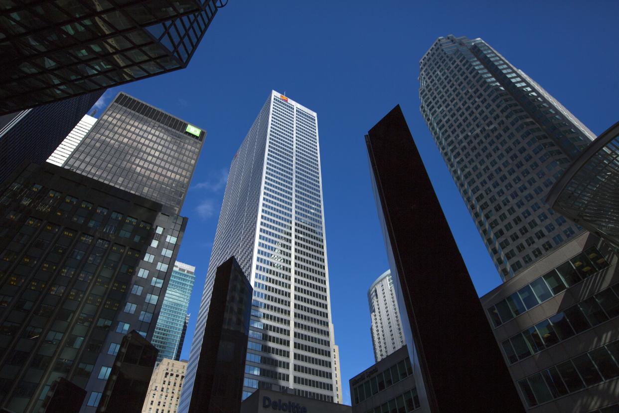 TORONTO, ON - FEBRUARY 25:  The white CIBC tower is framed by the Royal Bank of Canada overhang and the TD CanadaTrust Tower, right.        (Chris So/Toronto Star via Getty Images)