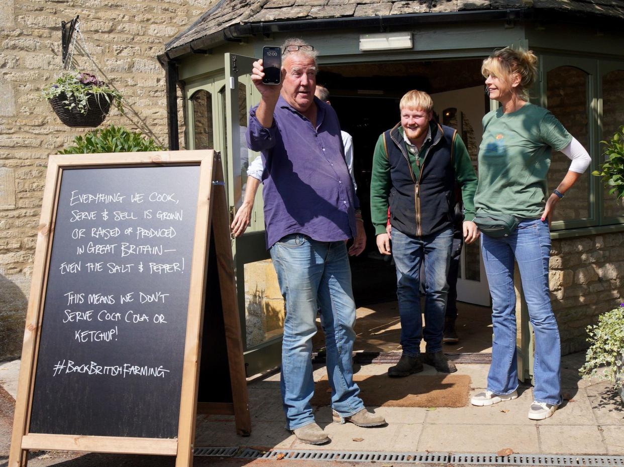 Jeremy Clarkson (left) at the opening of his new pub, The Farmer's Dog, in Asthall, near Burford in Oxfordshire. Picture date: Friday August 23, 2024.