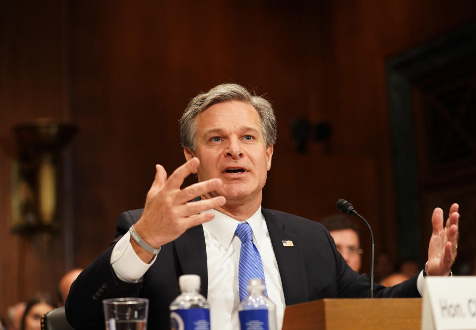 FBI Director Christopher Wray testifies before a Senate Judiciary Committee hearing on "Oversight of the Federal Bureau of Investigation" on Capitol Hill in Washington D.C., the United States, on July 23, 2019. (Photo: Liu Jie/Xinhua via Getty)