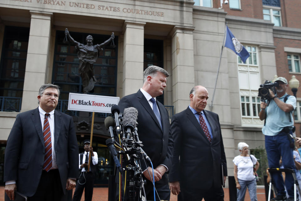 Members of the defense team for Paul Manafort, from left, Richard Westling, Kevin Downing and Thomas Zehnle, outside federal court in Alexandria, Va., after Manafort was found guilty of eight crimes, Aug. 21, 2018. (Photo: Jacquelyn Martin/AP)
