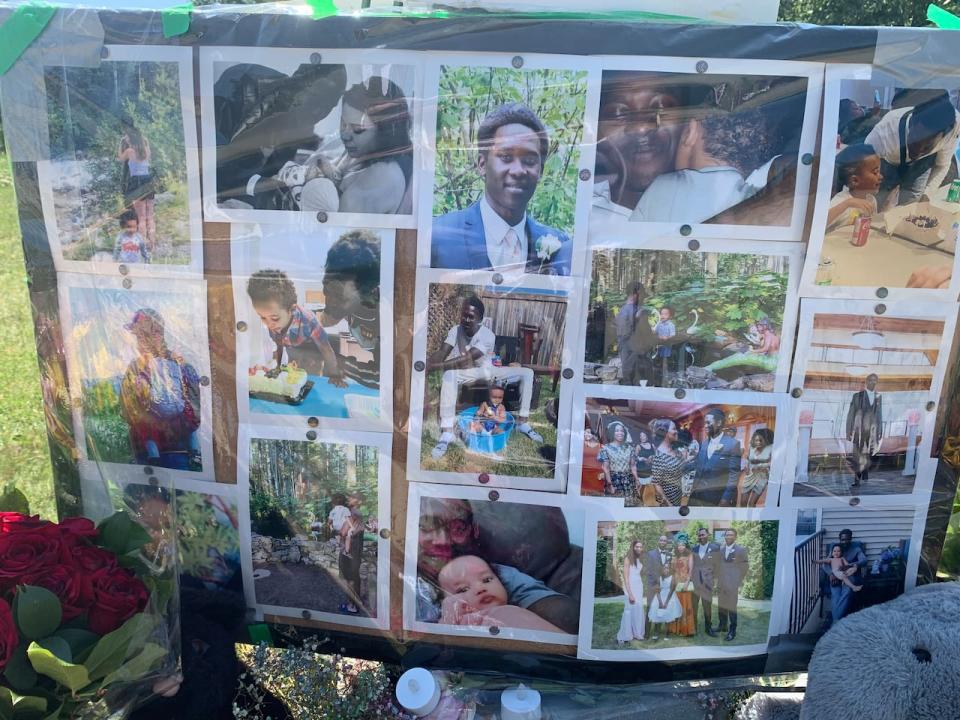 Mathios Arkangelo was fatally shot by an Edmonton police officer on June 29. This collage of pictures appears at a memorial close to where the shooting occurred in northeast Edmonton.