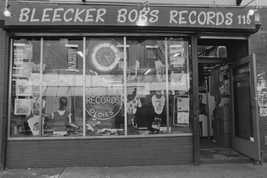 Bleecker Bob's Records, a record shop owned by Robert Plotnik on 118 West 3rd Street in Manhattan, New York City, circa 1982.