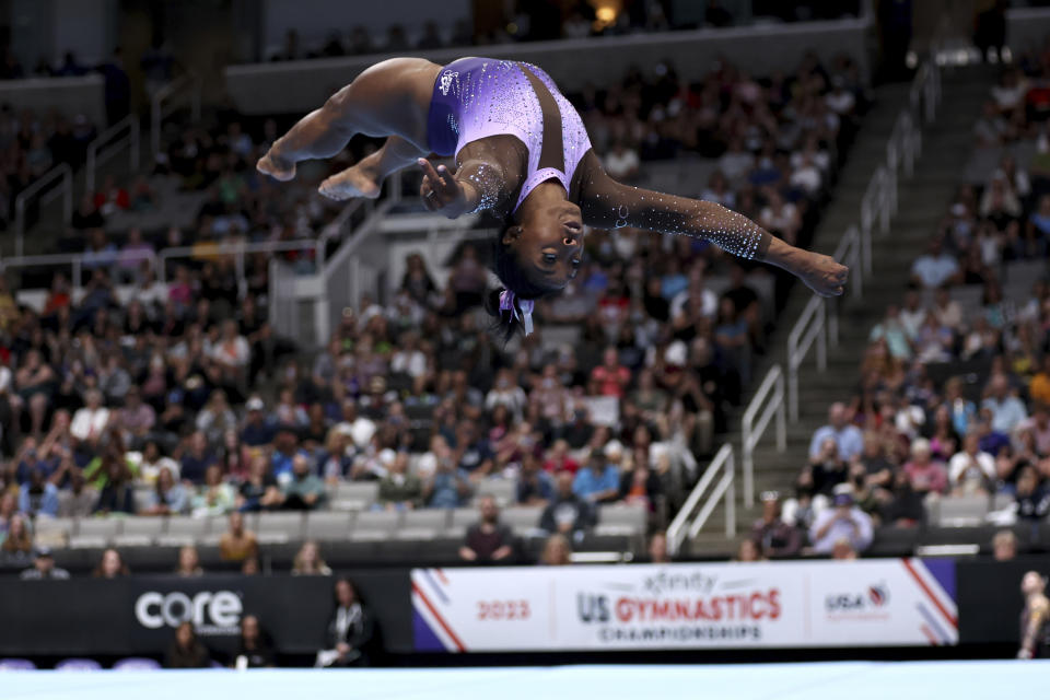 Simone Biles competes in the floor exercise at the U.S. Gymnastics Championships, Friday, Aug. 25, 2023, in San Jose, Calif. (AP Photo/Jed Jacobsohn)