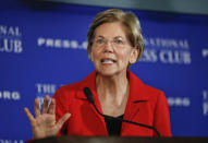 FILE - In this Aug. 21, 2018, file photo, Sen. Elizabeth Warren, D-Mass., gestures while speaking at the National Press Club in Washington. Warren is striking back at President Donald Trump over his constant ridicule of her claim of Native American ancestry, saying comments Trump has made are "creepy." (AP Photo/Pablo Martinez Monsivais, File)