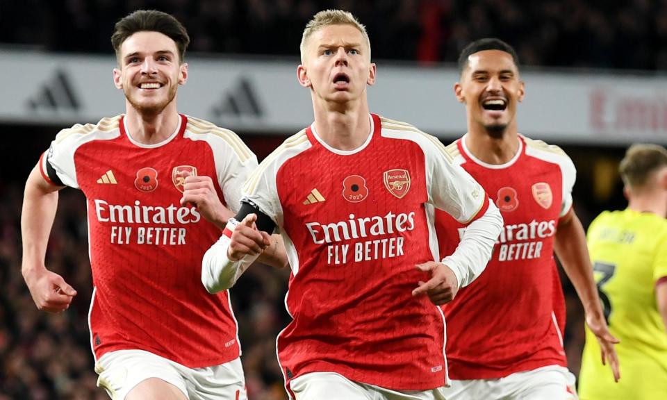 <span><a class="link " href="https://sports.yahoo.com/soccer/teams/arsenal/" data-i13n="sec:content-canvas;subsec:anchor_text;elm:context_link" data-ylk="slk:Arsenal;sec:content-canvas;subsec:anchor_text;elm:context_link;itc:0">Arsenal</a>’s <a class="link " href="https://sports.yahoo.com/soccer/players/529250/" data-i13n="sec:content-canvas;subsec:anchor_text;elm:context_link" data-ylk="slk:Oleksandr Zinchenko;sec:content-canvas;subsec:anchor_text;elm:context_link;itc:0">Oleksandr Zinchenko</a> flanked by figures who are likely to be key in stopping <a class="link " href="https://sports.yahoo.com/soccer/teams/brighton/" data-i13n="sec:content-canvas;subsec:anchor_text;elm:context_link" data-ylk="slk:Brighton;sec:content-canvas;subsec:anchor_text;elm:context_link;itc:0">Brighton</a>: <a class="link " href="https://sports.yahoo.com/soccer/players/847844/" data-i13n="sec:content-canvas;subsec:anchor_text;elm:context_link" data-ylk="slk:Declan Rice;sec:content-canvas;subsec:anchor_text;elm:context_link;itc:0">Declan Rice</a> (left) and William Saliba.</span><span>Photograph: Stuart MacFarlane/Arsenal FC/Getty Images</span>