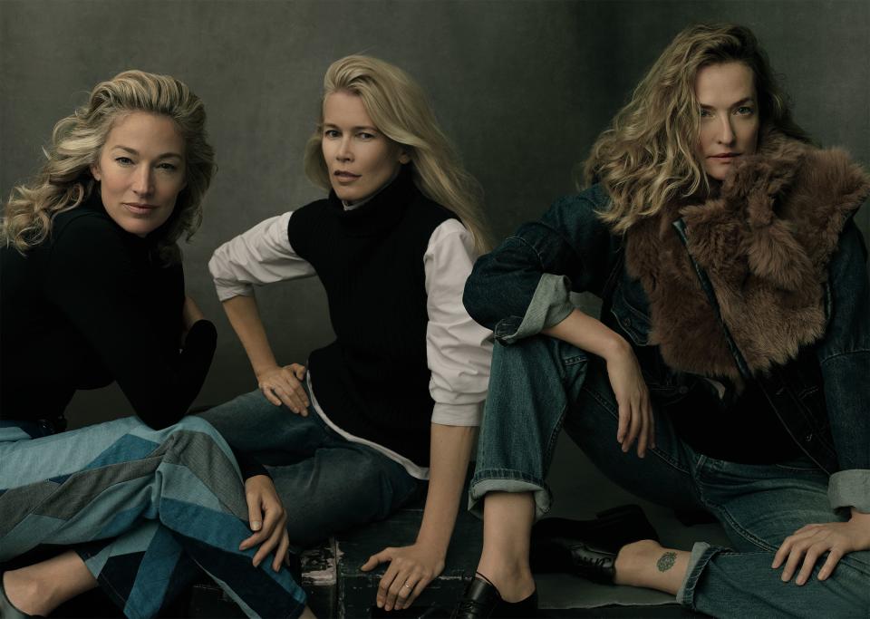 <em>“I’m so shy that I used to not speak all day long—I’d just stand very calmly in the middle of the storm with everything happening around me.” —Claudia Schiffer.</em> From left: Elaine Irwin wears a Hanro turtleneck, $210; shophanrousa.com. Dries Van Noten pants, $950; Barneys New York, NYC. Schiffer wears a Dries Van Noten sleeveless top ($425), turtleneck ($335), and jeans ($335). Sleeveless top and turtleneck at Bergdorf Goodman, NYC. Jeans at Barneys New York, NYC. Tatjana Patitz wears a Sacai x Levi’s jacket; Dover Street Market, NYC. A.P.C. jeans, $210; A.P.C., NYC.