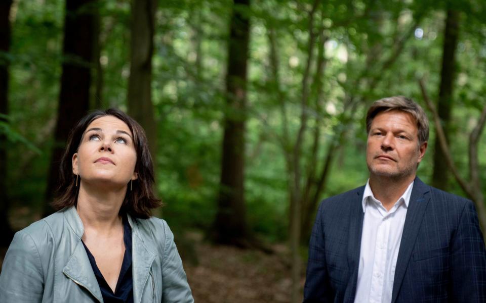 Annalena Baerbock, candidate for chancellor and federal leader of the Greens and Robert Habeck, federal leader of the Greens, visit moor protection measures during a hike through the Biesenthaler Becken nature reserve, Germany, Tuesday, Aug.3, 2021. (Kay Nietfeld/dpa via AP - Kay Nietfeld/DPA