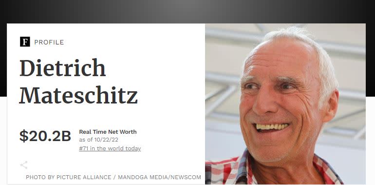 馬特希茨（Dietrich Mateschitz）是奧地利首富。（圖／翻攝自富比世網站）