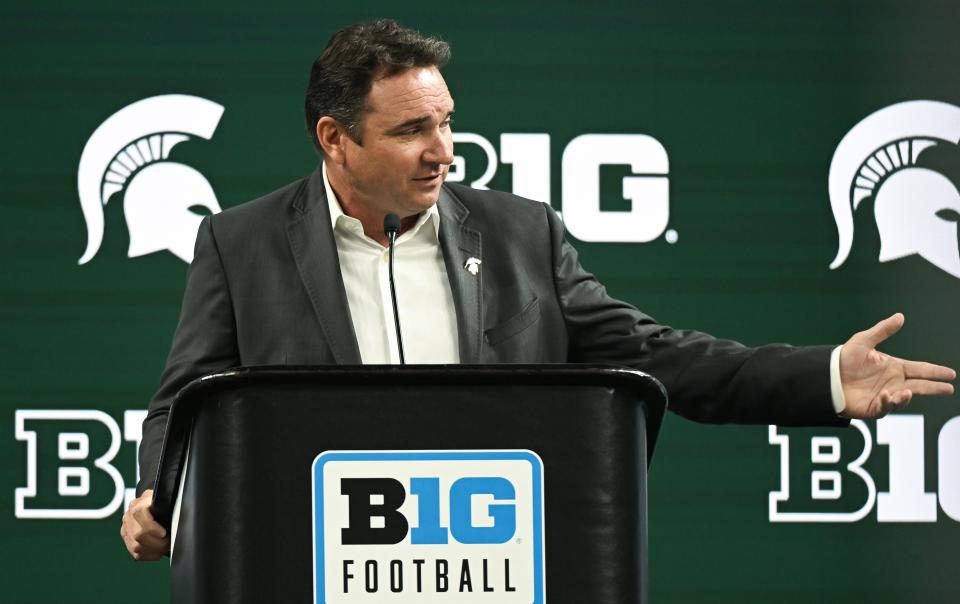 Michigan State Spartans coach Jonathan Smith speaks to the media during Big Ten Football Media Days at Lucas Oil Stadium on Wednesday, July 24, 2024, in Indianapolis.