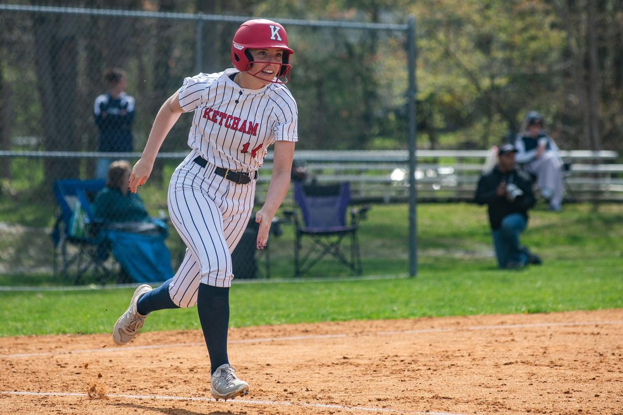 Ketcham's Jenny Nardelli runs to first base during the Bisaccia Softball Tournament in Wappingers Falls, NY on Saturday, April 27, 2024.