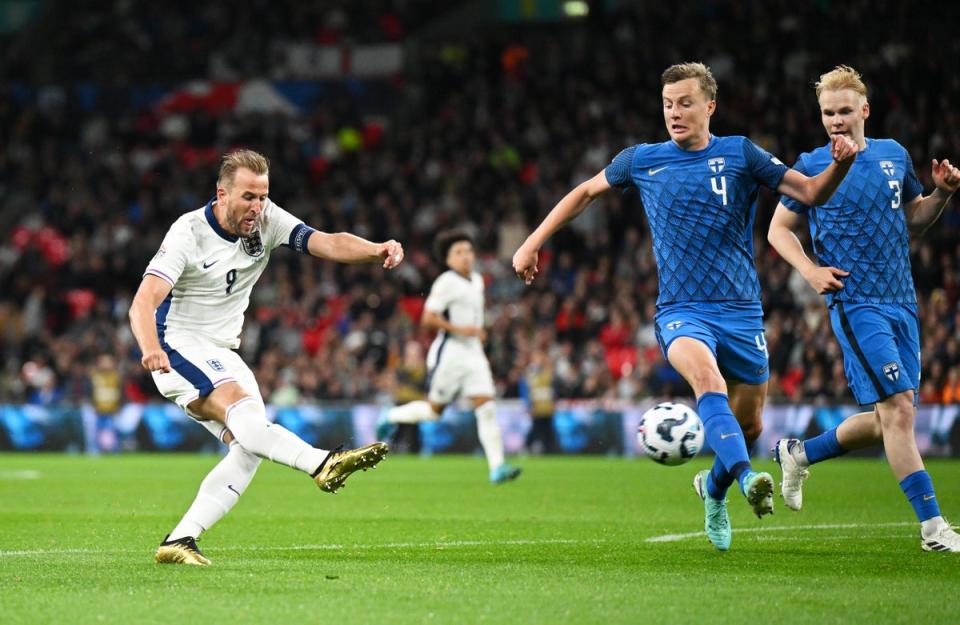 Harry Kane smashes home England’s first goal (The FA via Getty Images)