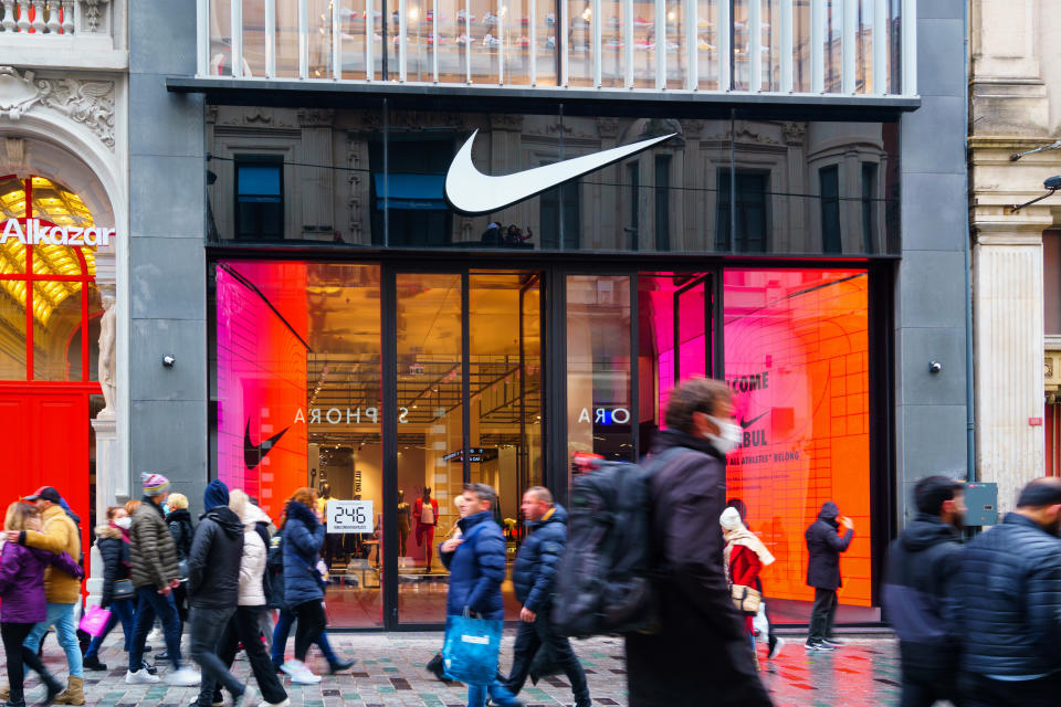 Istanbul, Turkey - Mar 20. 2022: Close-up Landscape View of Nike Store in Istiklal Street in Taksim District.