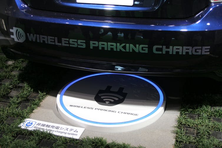 <span class="caption">Wireless car charging is currently too expensive and disruptive to build.</span> <span class="attribution"><a class="link " href="https://commons.wikimedia.org/wiki/File:Electric_car_wireless_parking_charge_closeup.jpg" rel="nofollow noopener" target="_blank" data-ylk="slk:Wikimedia/NJo;elm:context_link;itc:0;sec:content-canvas">Wikimedia/NJo</a>, <a class="link " href="http://creativecommons.org/licenses/by-sa/4.0/" rel="nofollow noopener" target="_blank" data-ylk="slk:CC BY-SA;elm:context_link;itc:0;sec:content-canvas">CC BY-SA</a></span>