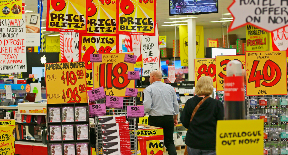 JB Hi-Fi store interior with several sales signs. Source: Getty Images