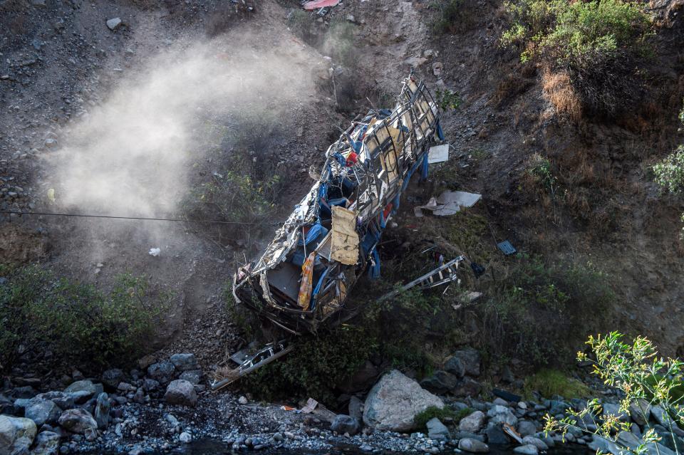 View of the remains after a bus plunged off a cliff in outside of Lima, Peru. / Credit: Ernesta Benavides via Getty Images